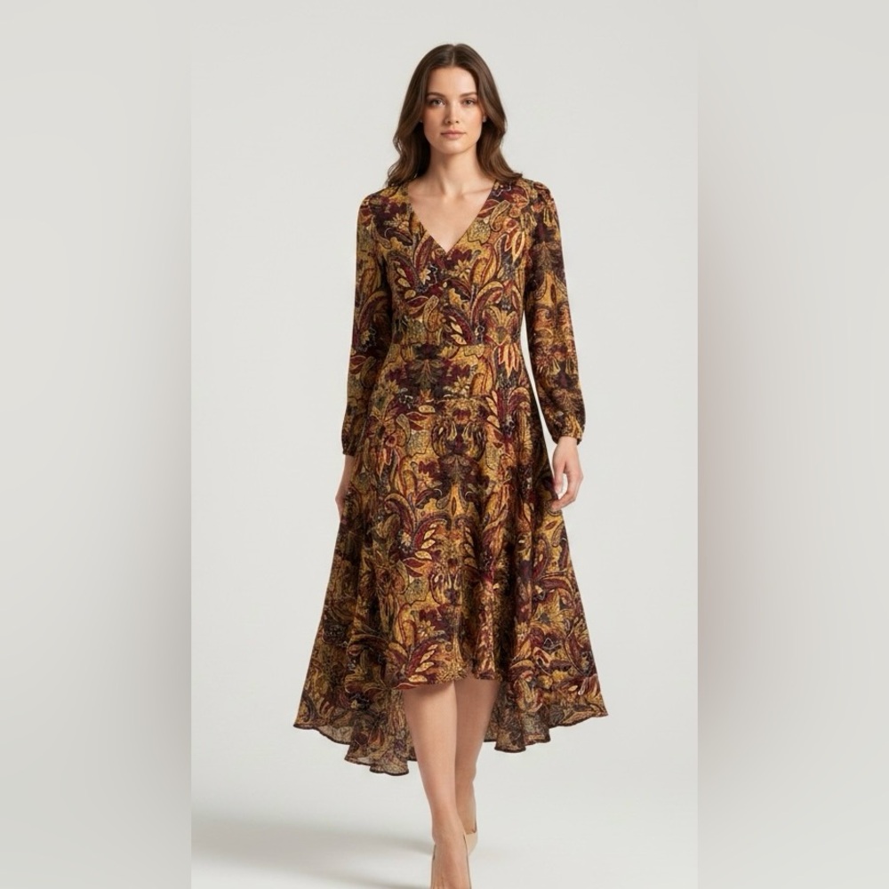 Vince Camuto Mustard/Brown/Burgundy Paisley High-Low Whimsigoth Wrap Dress XS